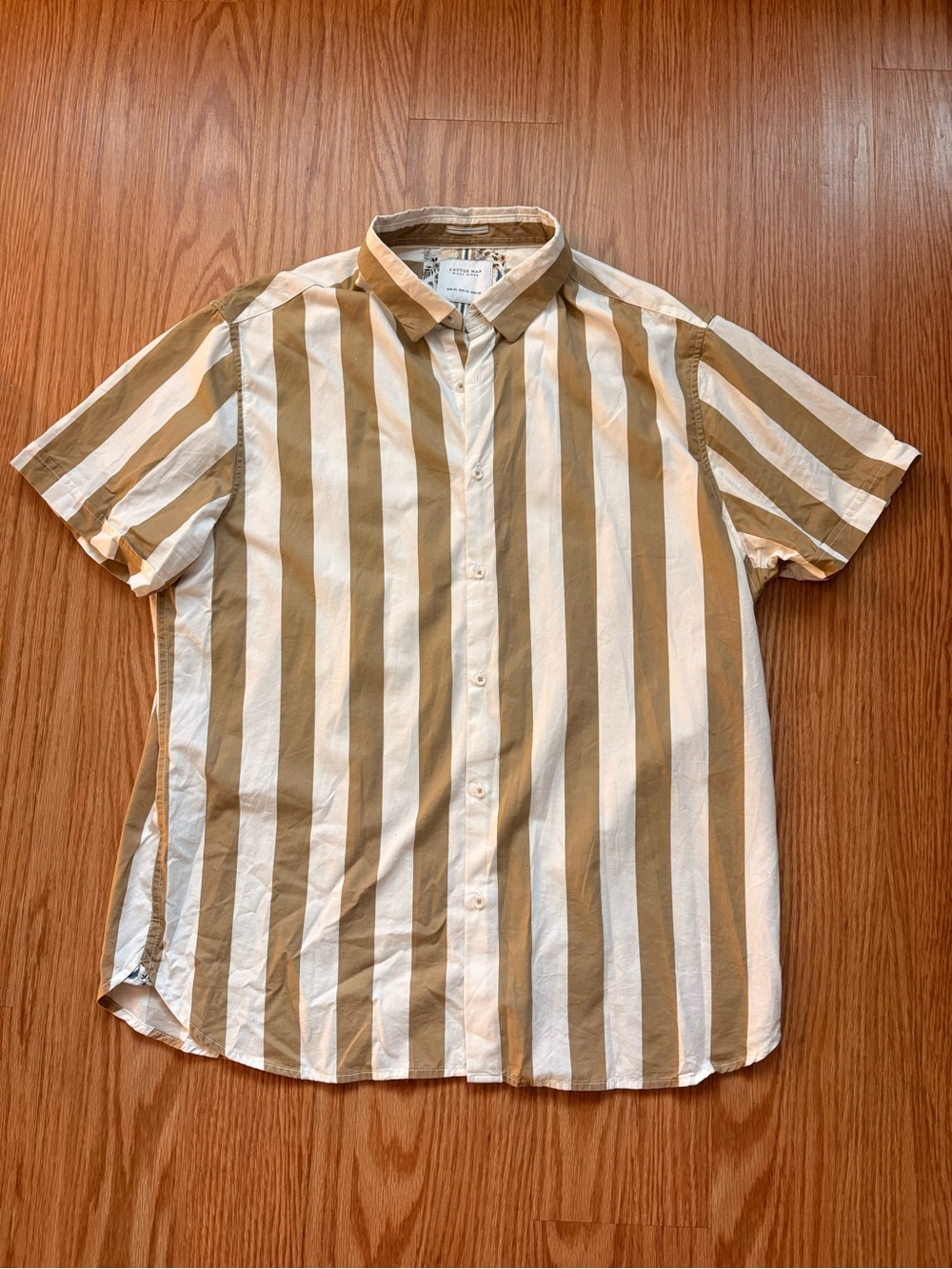 Cactus Short-Sleeve Vertical Stripe Button-Down — Cream and Tan